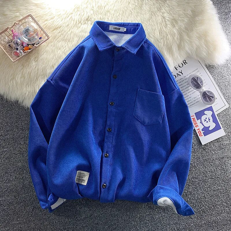 Corduroy Fleece Thicken Mens Autumn Winter Shirts Loose Warm Long Sleeve Casual Blouse Fashion Male Cardigan