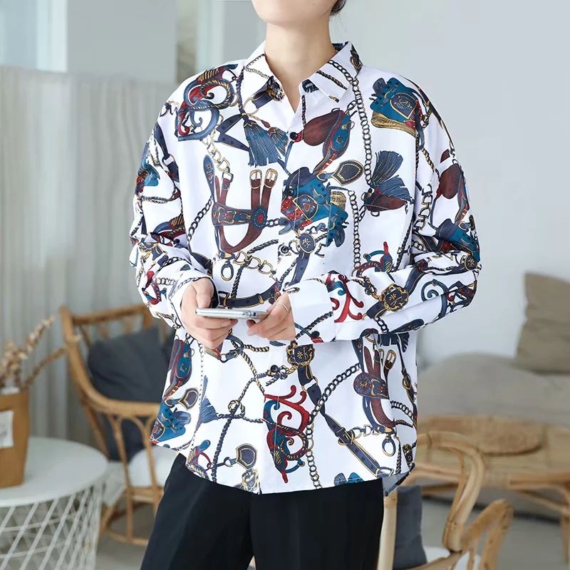 Vintage Fashion Beach Hawaii Shirts for Men Harajuku Floral Print Long Sleeve Casual Loose Blouse Button Up Shirt