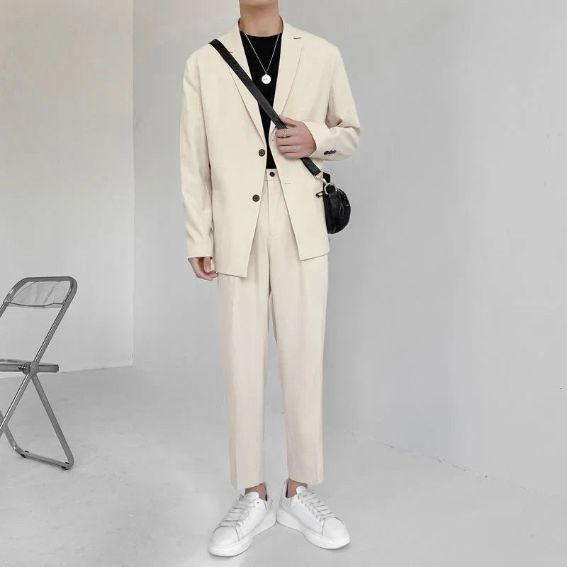 Men's Suit Two Pieces Set Simple Light Mature Loose Long Sleeve Suit Coat + Suit Pants Green High Quality New