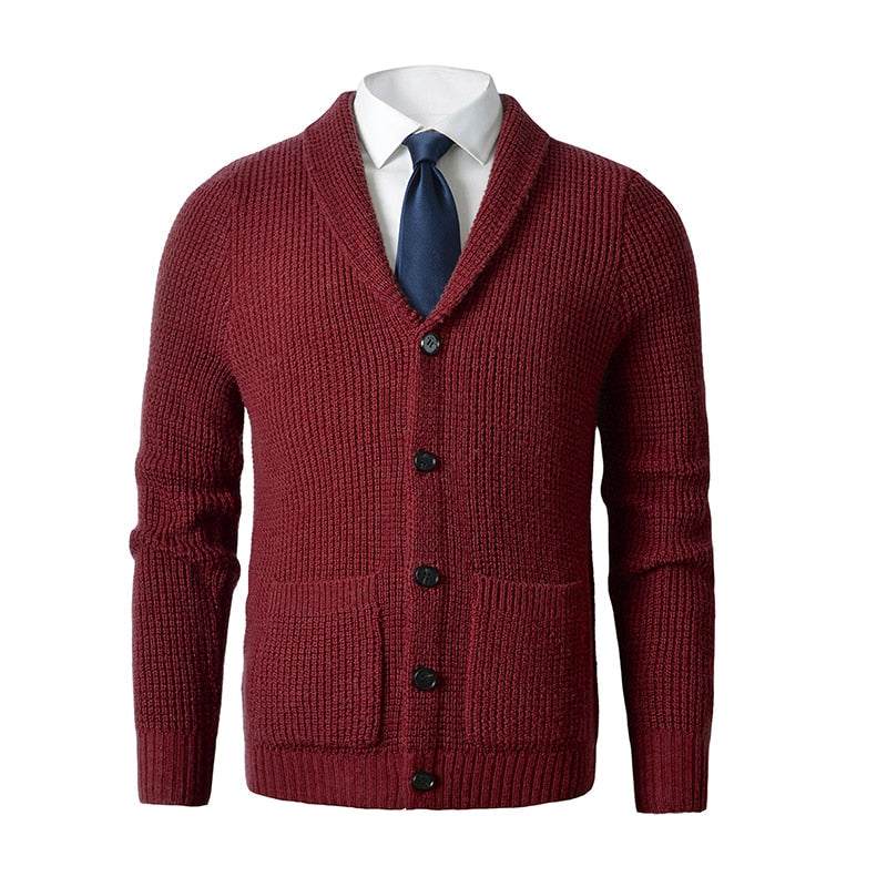 Men's Shawl Collar Cardigan Sweater Slim Fit Cable Knit Button up Merino wool Sweater with Pockets