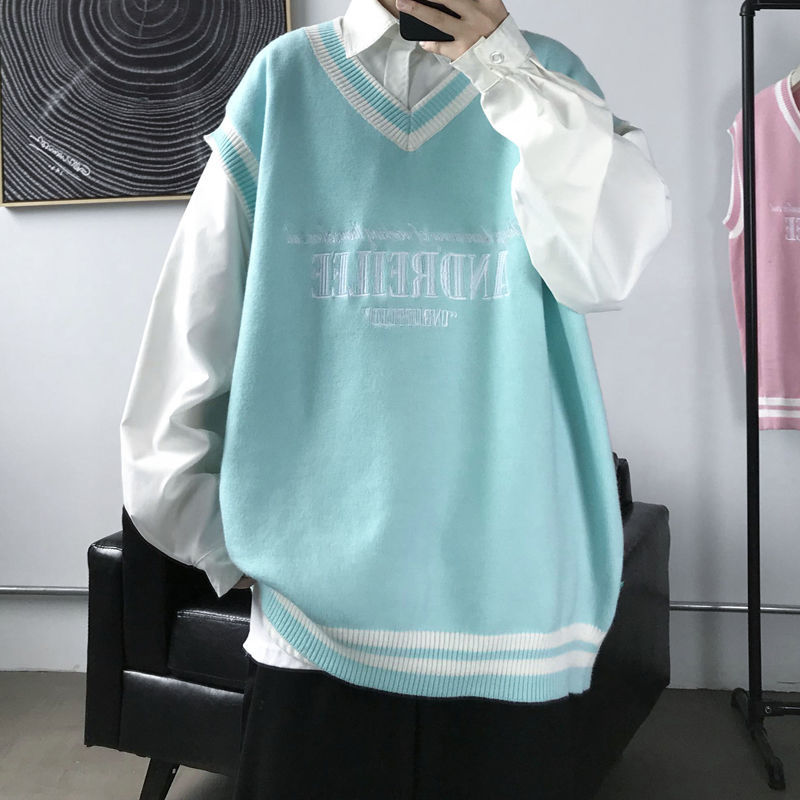 Fashion V-neck Plush College Style Mens Vintage Knitted Vest Trend Harajuku Hip Hop Casual Loose Black Couple Knitted Sweater