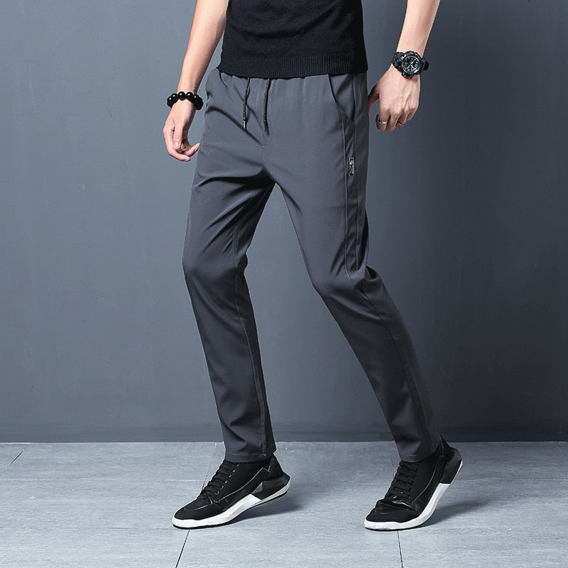 Men'S Korean Fashion Casual Summer Thin Quick Drying Ice Silk Straight Pants Loose Sports 9-Point Trousers Boy