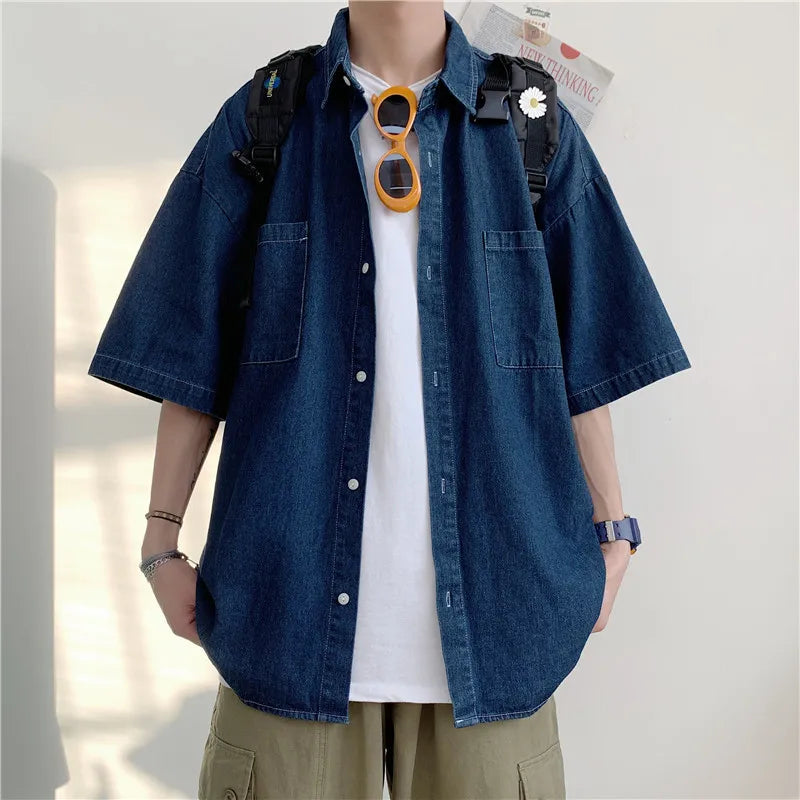 saferido Denim Shirts Male Harajuku Denim Shirt For Men Korean Oversized Casual Streetwear Short Half Sleeve Vintage Fashion