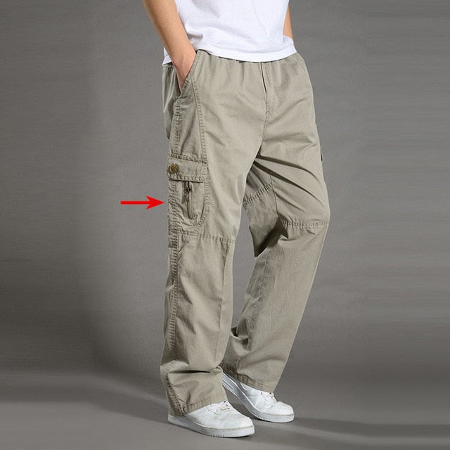 Men's Casual Trousers Cotton Overalls Elastic Waist Full Len Multi-Pocket Plus Fertilizer Men's Clothing Big Size Cargo Pants