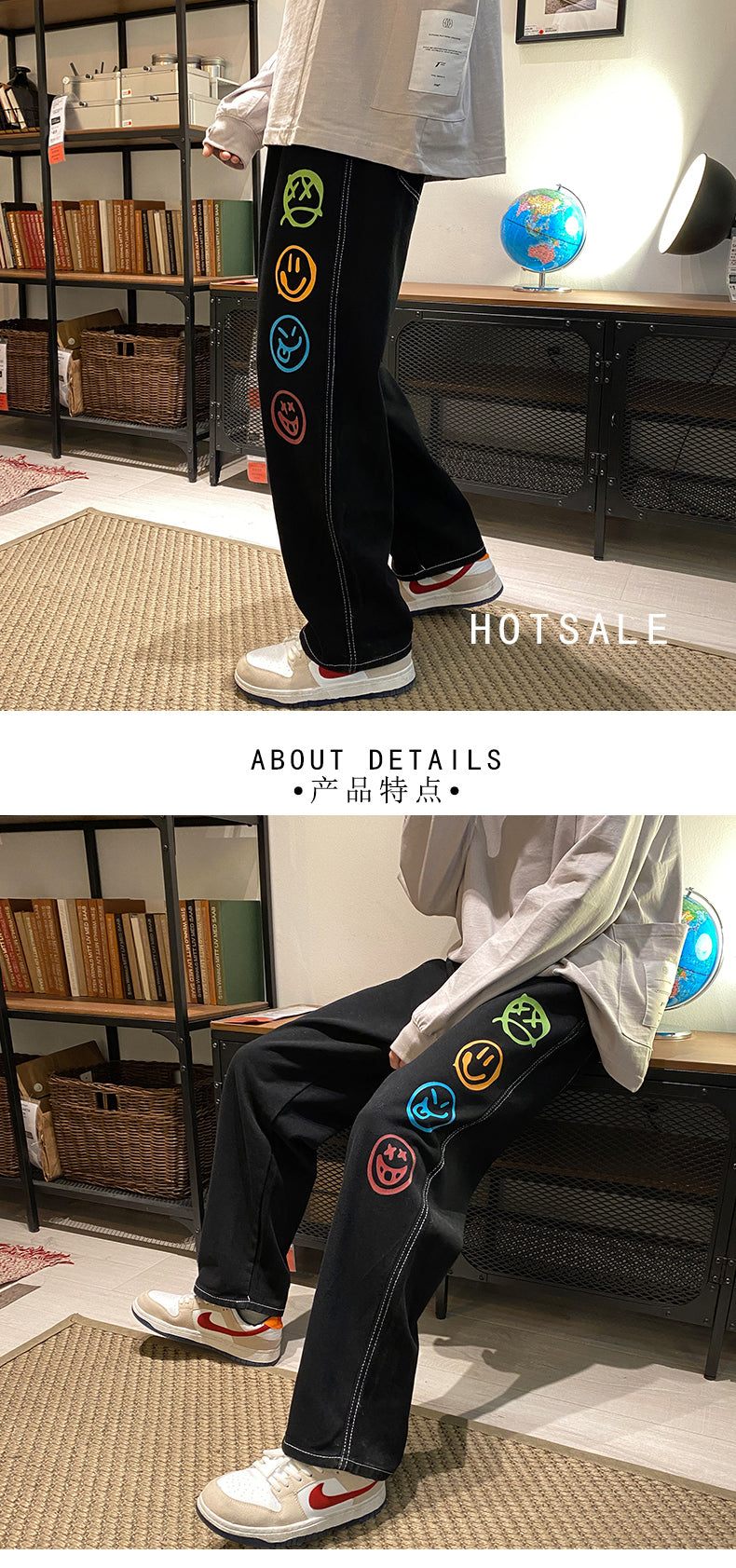 Black Jeans for Men Colorful Smiley Print Straight Leg Denim Pants Teen Hip Hop Clothes Male Baggy Trousers Oversized Streetwear