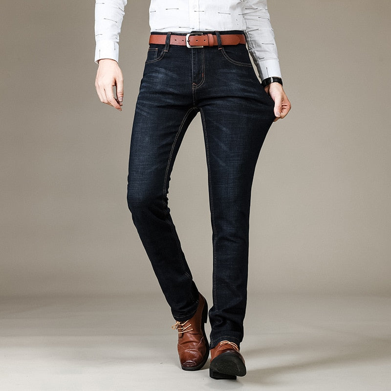 Men's Brand Stretch Jeans Business Casual Slim Fit Denim Pants Black Blue Trousers Jeans Male