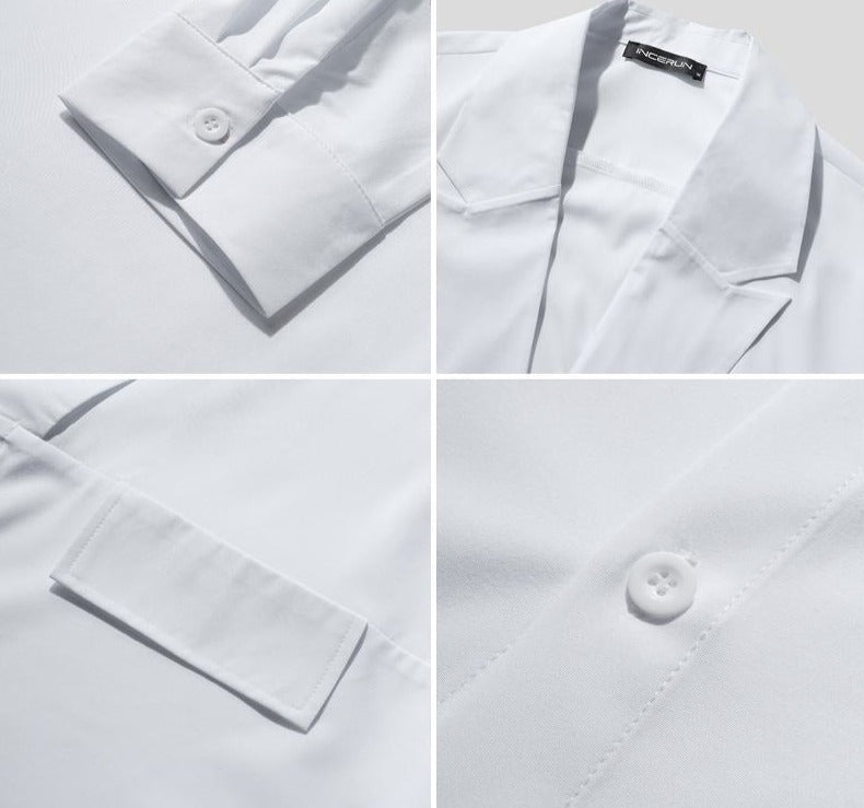 Men Casual Shirt Solid Color Lapel Button Long Sleeve Fashion Tops Streetwear Loose Leisure Camisa Masculina S-5XL