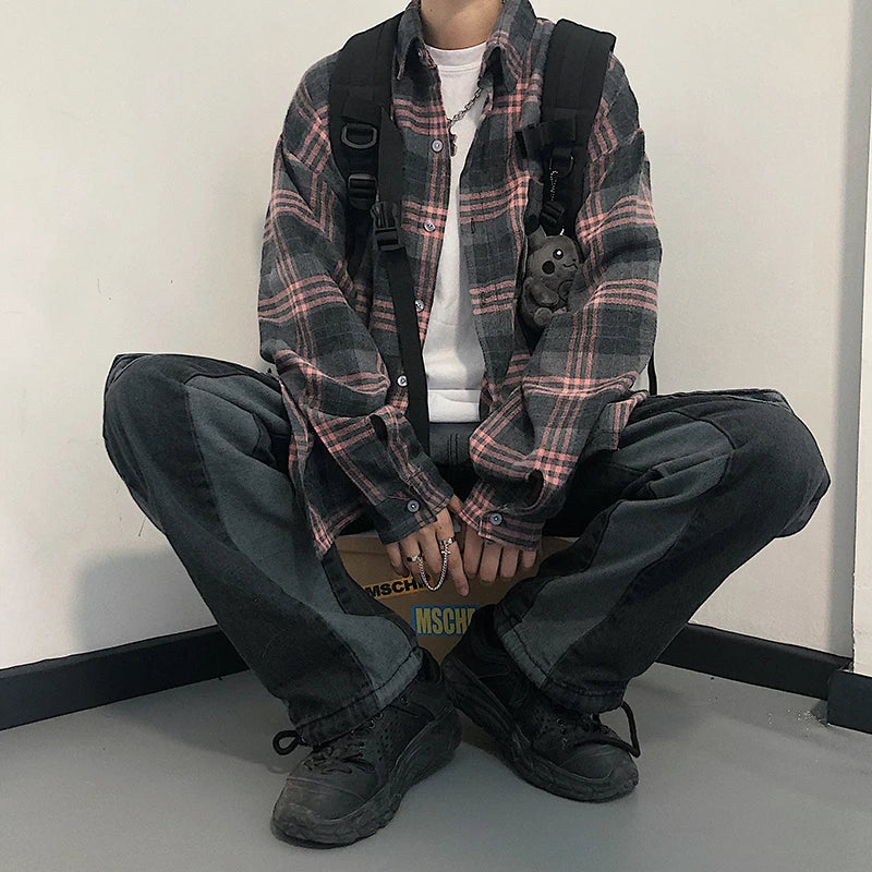 saferido Spring Cotton Plaid Shirt Men Fashion Retro Casual Shirt Mens Japanese Streetwear Wild Loose Long Sleeve Shirts Men M-XL