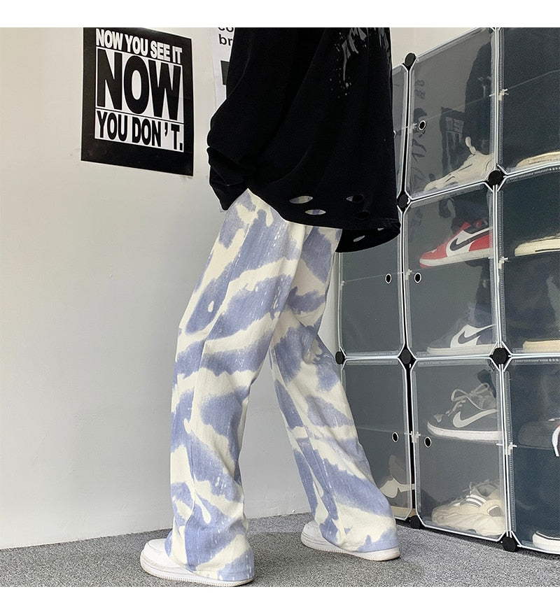 Blue Black Tie-dye Jeans Men Fashion Print Casual Baggy Jeans Mens Streetwear Loose Hip-hop Straight Denim Trousers Men M-2XL