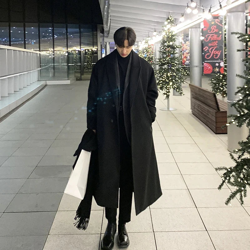 saferido Winter Men Thick Woolen Dust Coats Korean Style Streetwear Male Loose Solid Color Warm Trenchcoat High Quality Men's Windbreak