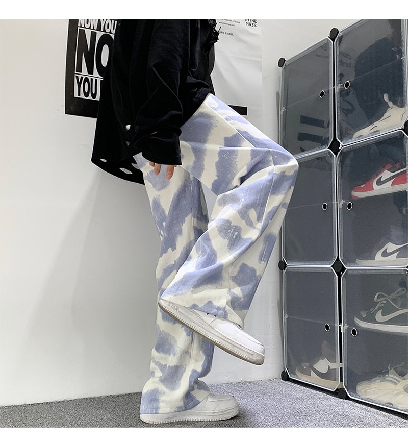 Blue Black Tie-dye Jeans Men Fashion Print Casual Baggy Jeans Mens Streetwear Loose Hip-hop Straight Denim Trousers Men M-2XL