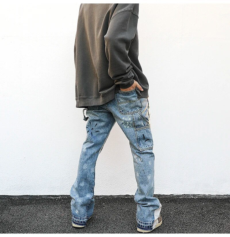 Distressed Splash Ink Flare Jeans Urban Streetwear Patch Mens Graffiti Wide Jean Hip Hop Washed Blue Slim Fit Denim Pants Men