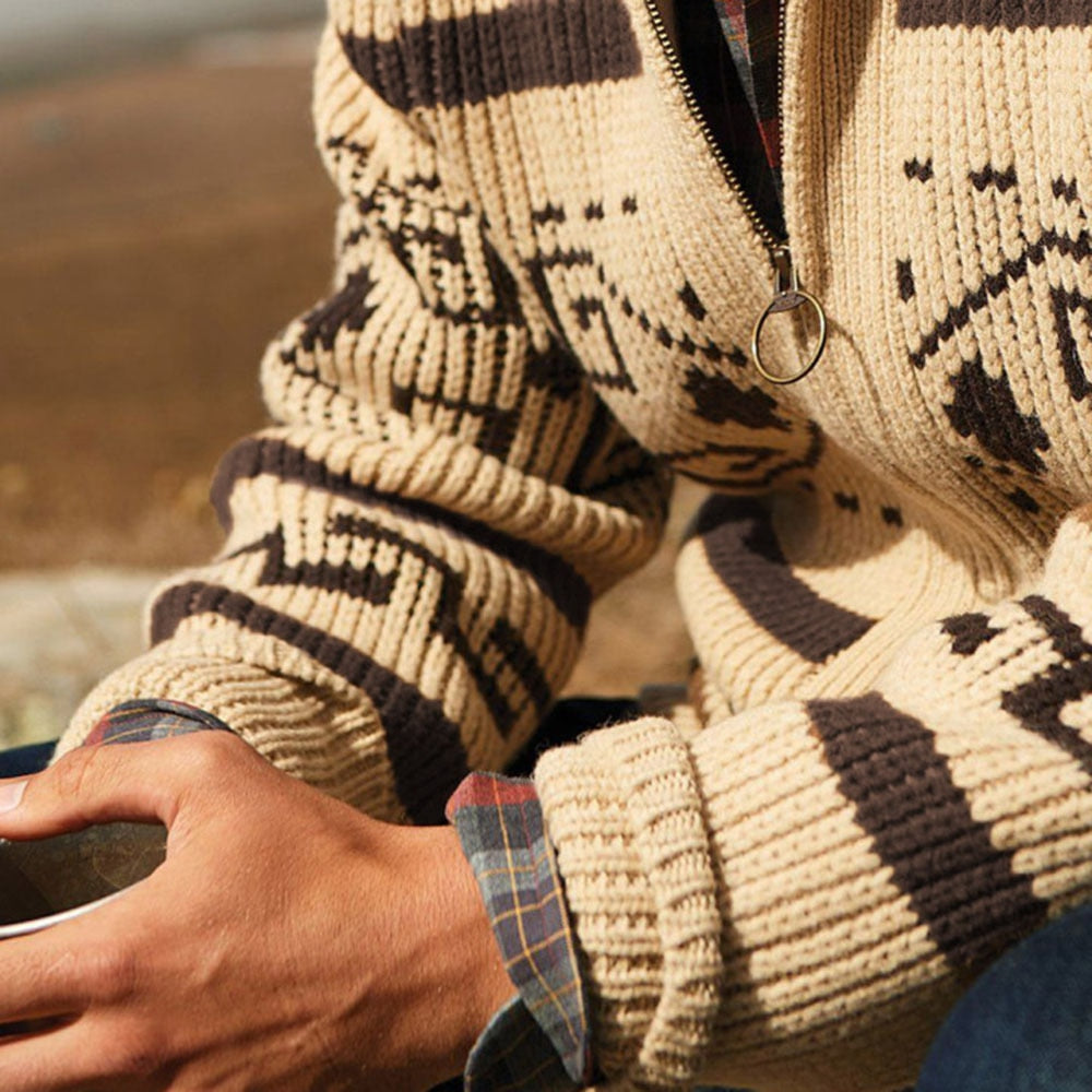 Men's Lapel Cardigan Printed Decor European And American Hand Knitting Wool Soft Stretchy Coat Loose Various Size Male Sweater