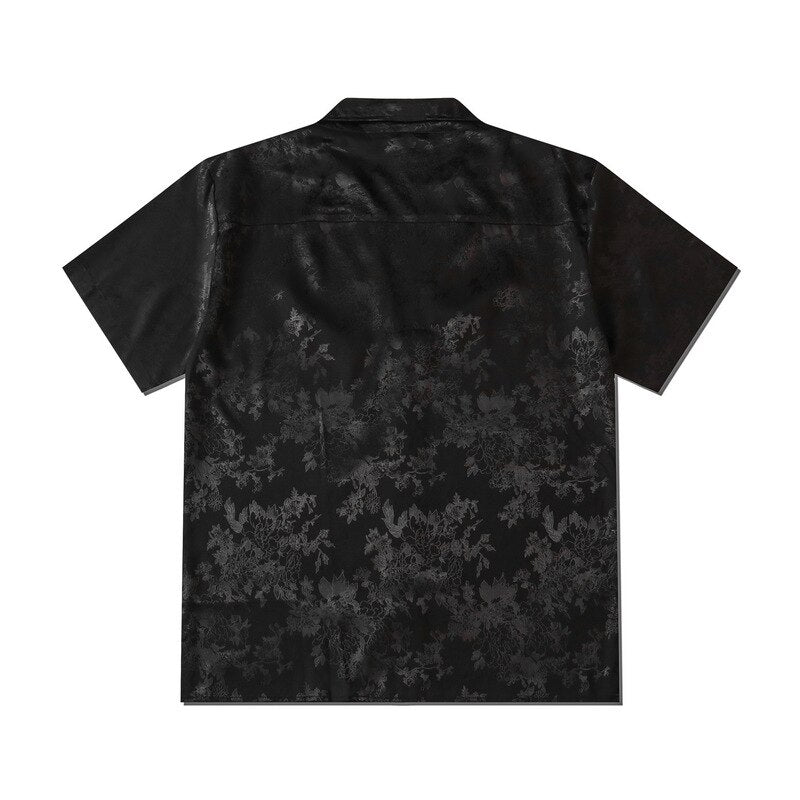 Harajuku Men Shirts Black Flower Print Short Sleeve Single Breasted Loose Shirt Hip Hop Beach Casual Streetwear Unisex