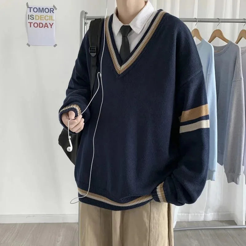 saferido Spring Autumn DK Uniform Sweater Men's Preppy Style V-neck Pullover Thick Navy Blue Cotton Winter Fashion Men Warm Clothes Coat