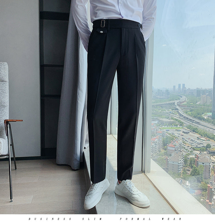 saferido        New Design Men High Waist Trousers Solid England Business Casual Suit Pants Belt Straight Slim Fit Bottoms White Clothing