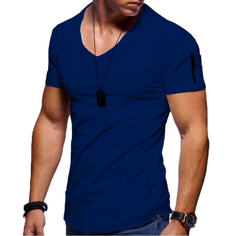 Men's V-neck T-shirt Fitness Bodybuilding T-shirt High Street Summer Short-Sleeved Zipper Casual Cotton Top