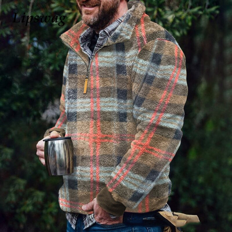 saferido       Oversized Autumn Winter Warm Long Sleeve Loose Sweaters For Men Casual Turn-down Collar Plaid Print Top Mens Fashion Streetwear