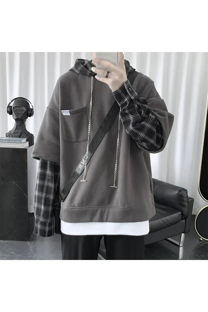 saferido Hooded sweater men's autumn Korean fashion versatile top loose fake two striped hip hop handsome coat