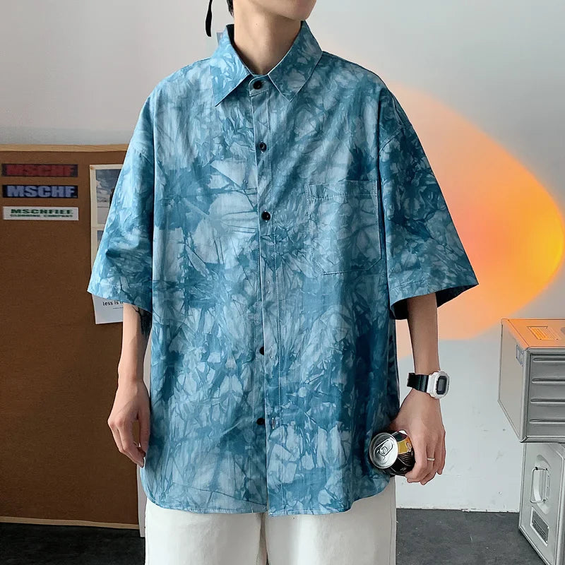 saferido HIP HOP Tie dyed ice silk 5-sleeve shirt men's spring summer ins design couple minority half sleeve drape shirt camisa masculina