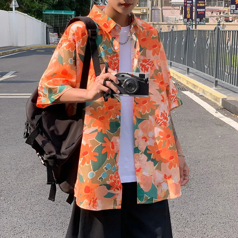 saferido shirt men's couple's Hawaiian Flower short sleeve coat fashion Korean summer quarter sleeve harajuku shirts for men