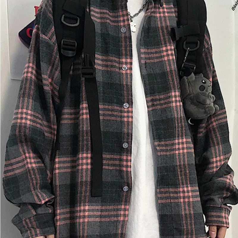 saferido Spring Cotton Plaid Shirt Men Fashion Retro Casual Shirt Mens Japanese Streetwear Wild Loose Long Sleeve Shirts Men M-XL