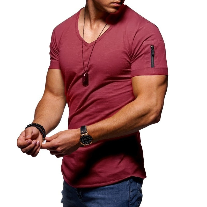 Men's V-neck T-shirt Fitness Bodybuilding T-shirt High Street Summer Short-Sleeved Zipper Casual Cotton Top