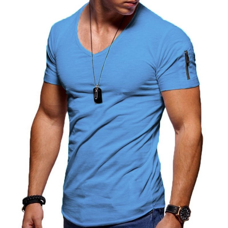 Men's V-neck T-shirt Fitness Bodybuilding T-shirt High Street Summer Short-Sleeved Zipper Casual Cotton Top