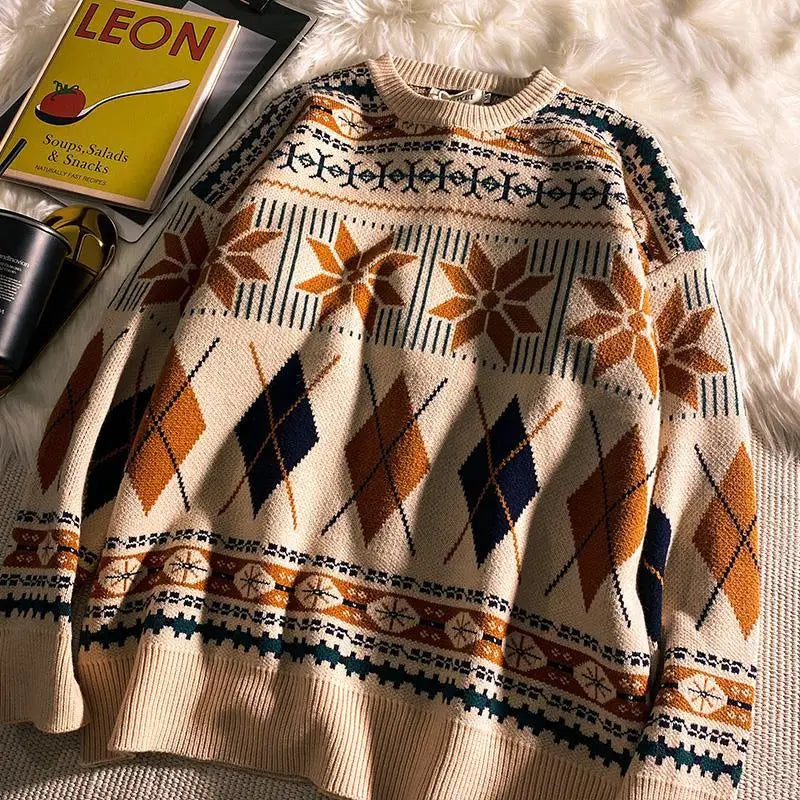 saferido Pullovers Vintage Retro Christmas Sweater Couple Men's Knitted Sweater Winter Warm Casual Korean Streetwear Harajuku