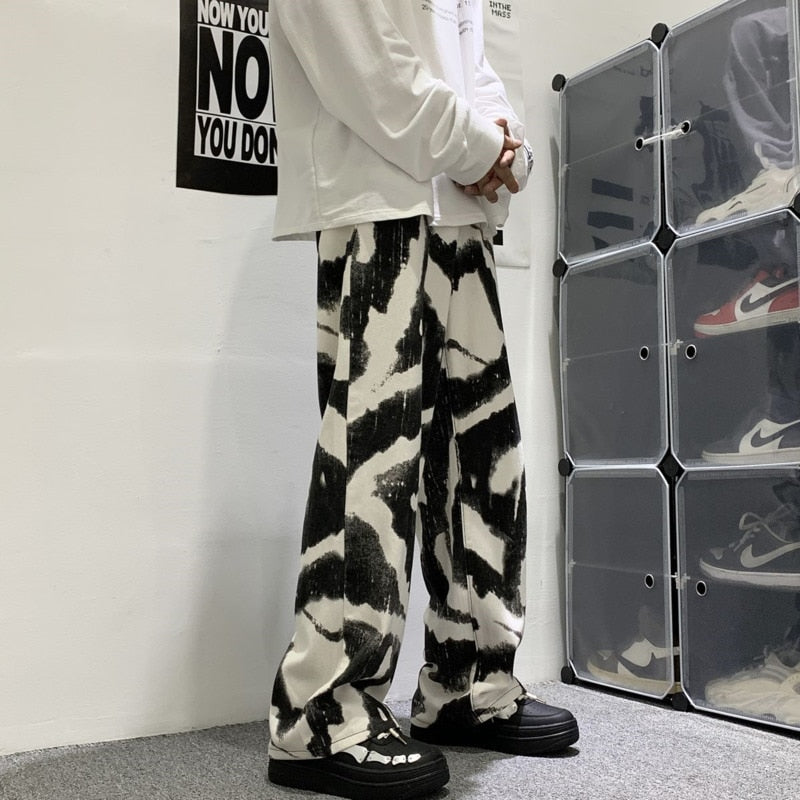Blue Black Tie-dye Jeans Men Fashion Print Casual Baggy Jeans Mens Streetwear Loose Hip-hop Straight Denim Trousers Men M-2XL