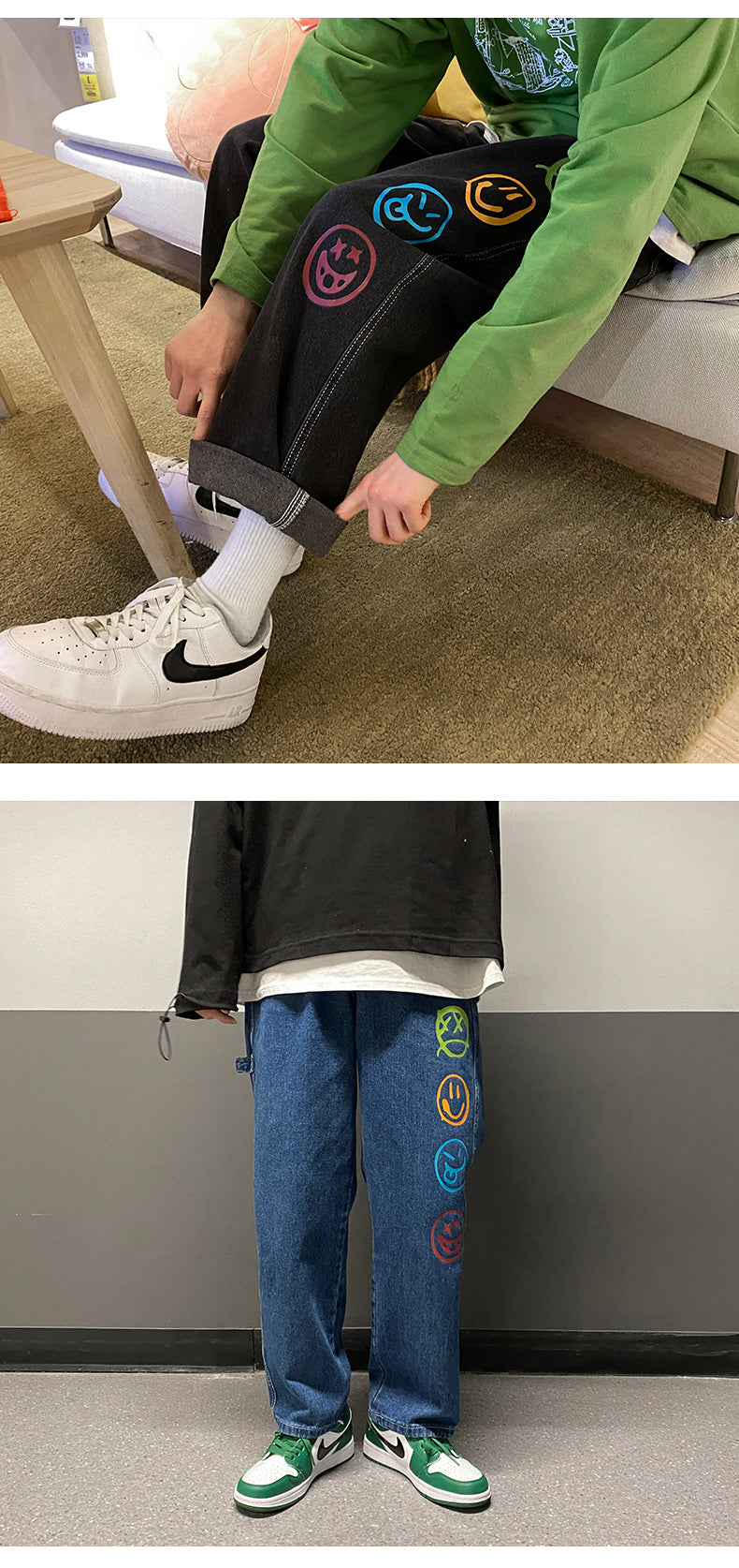 Black Jeans for Men Colorful Smiley Print Straight Leg Denim Pants Teen Hip Hop Clothes Male Baggy Trousers Oversized Streetwear
