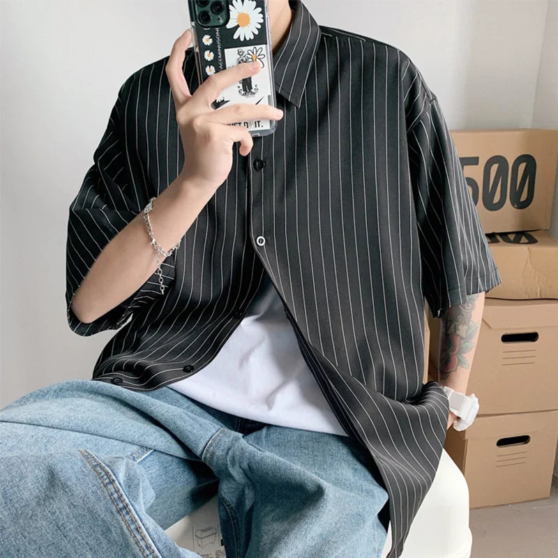 saferido Ruffian handsome black collared shirt men's summer casual loose Vertical Stripe shirt Short Sleeve Korean fashion handsome coat