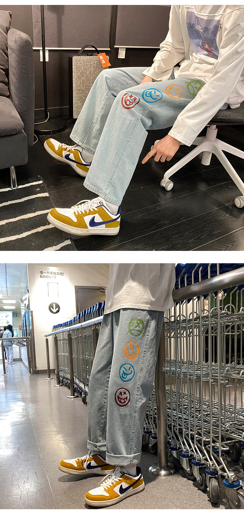 Black Jeans for Men Colorful Smiley Print Straight Leg Denim Pants Teen Hip Hop Clothes Male Baggy Trousers Oversized Streetwear