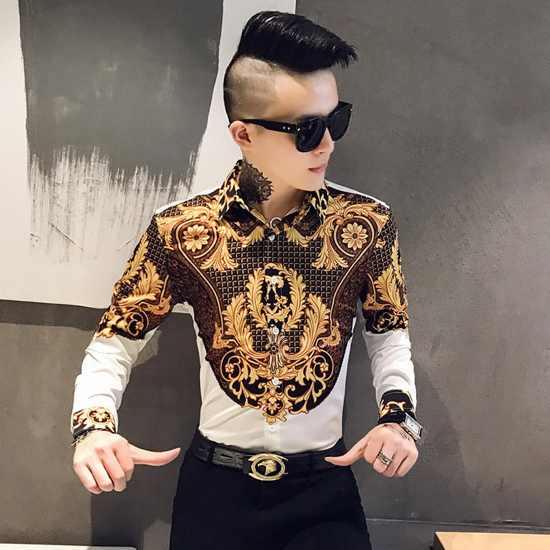 Luxury Paisley Black Gold Printed Shirt Men's Royal Club Clothing Korean Men's Long Sleeve Slim Long Sleeve Shirt Tuxedo Shirt