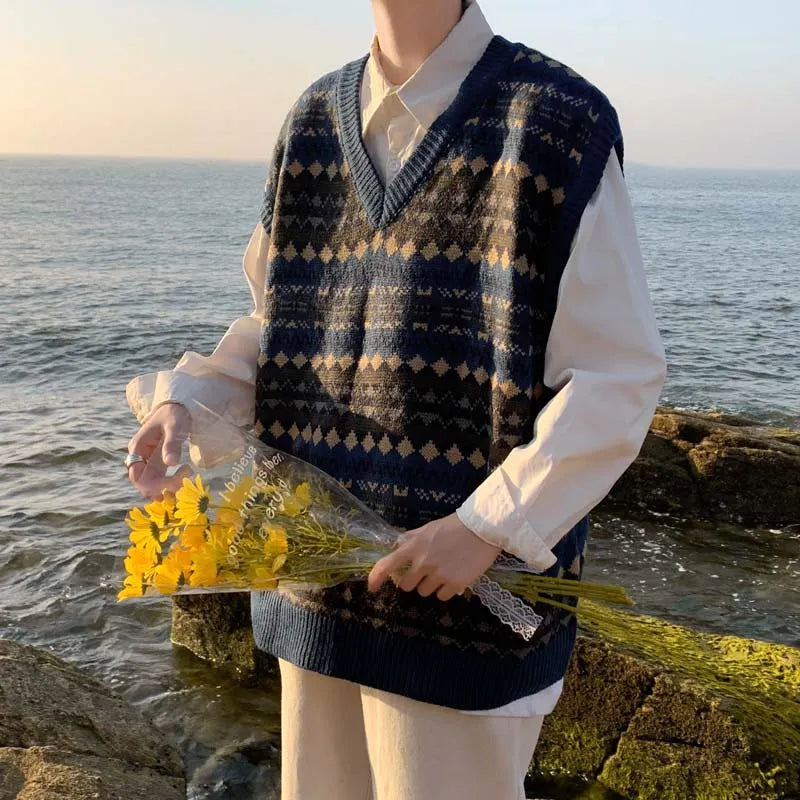 saferido New Arrivals Japanese Retro Knitted Sweater Vest Men Ethnic Style Patchwork Loose Handsome Waistcoat V-neck Sweater Oversize