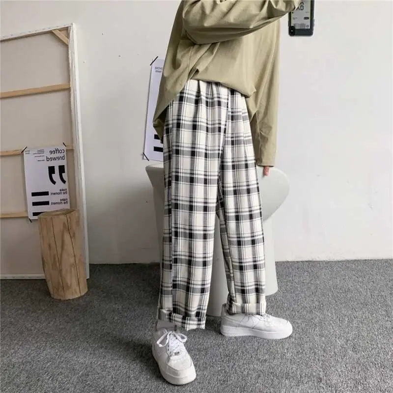 Men Pants Plaid Loose Comfortable Retro Casual All-match Elastic Waist Chic Wide Leg Trousers Fashion Streetwear Korean Style