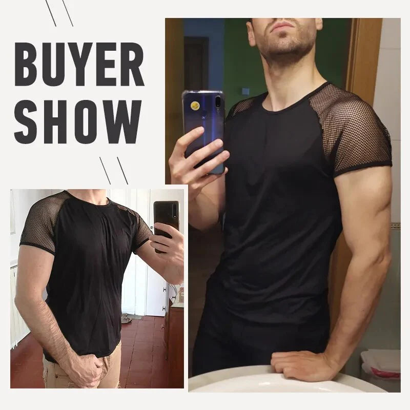 Fashion Men T Shirt Mesh Patchwork Streetwear Crew Neck Short Sleeve Casual Tee Tops Sexy Breathable Camisetas 5XL