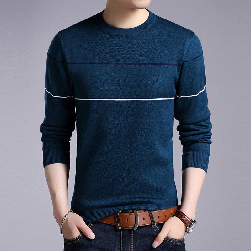 Autumn Men's Knitted Sweater T Shirt Comfy O Neck Long Sleeve Pullover Stripe Patchwork Jumper Casual Bottoming Shirt for Winter