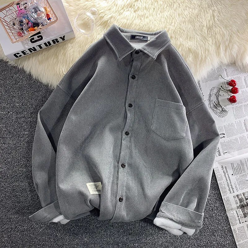 Corduroy Fleece Thicken Mens Autumn Winter Shirts Loose Warm Long Sleeve Casual Blouse Fashion Male Cardigan