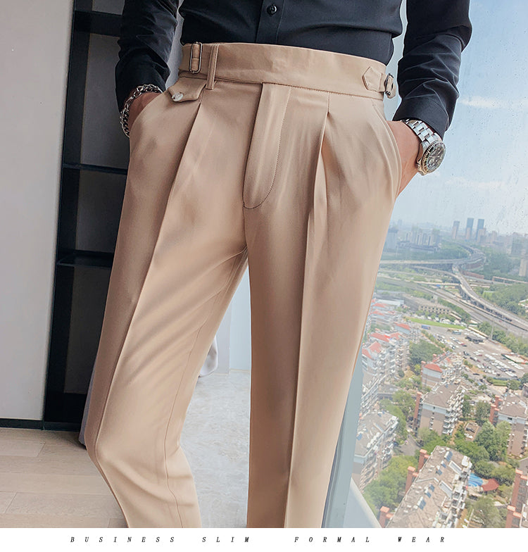 saferido        New Design Men High Waist Trousers Solid England Business Casual Suit Pants Belt Straight Slim Fit Bottoms White Clothing