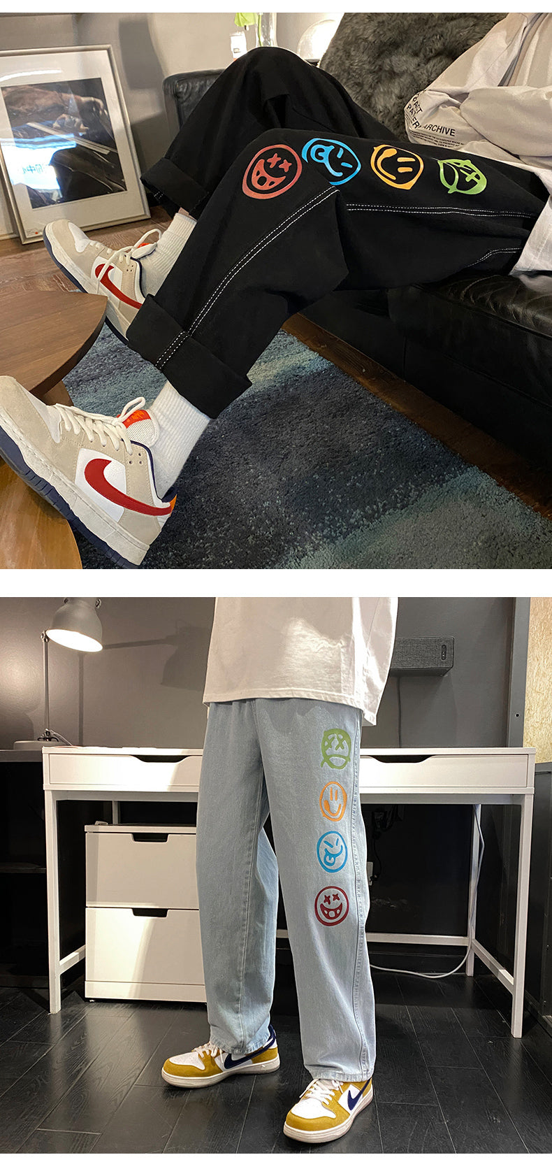 Black Jeans for Men Colorful Smiley Print Straight Leg Denim Pants Teen Hip Hop Clothes Male Baggy Trousers Oversized Streetwear