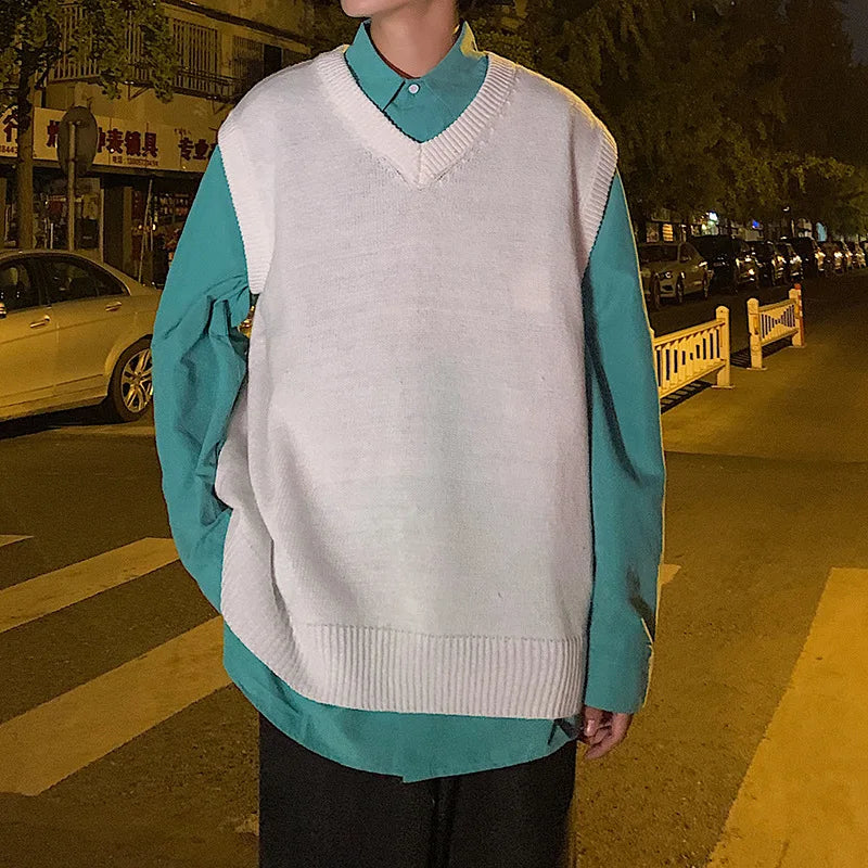 saferido Sweater Vest Men Loose Simple Solid Color Knitted V-neck Students All-match Basic Tops Harajuku Sleeveless Jumpers Korean Trendy