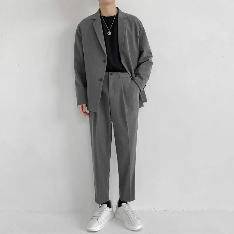 Men's Suit Two Pieces Set Simple Light Mature Loose Long Sleeve Suit Coat + Suit Pants Green High Quality New