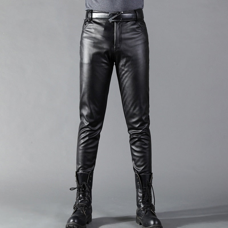 Brand Men Leather Pants Skinny Fit Elastic Style Fashion PU Leather Trousers Motorcycle Pants Thin Streetwear