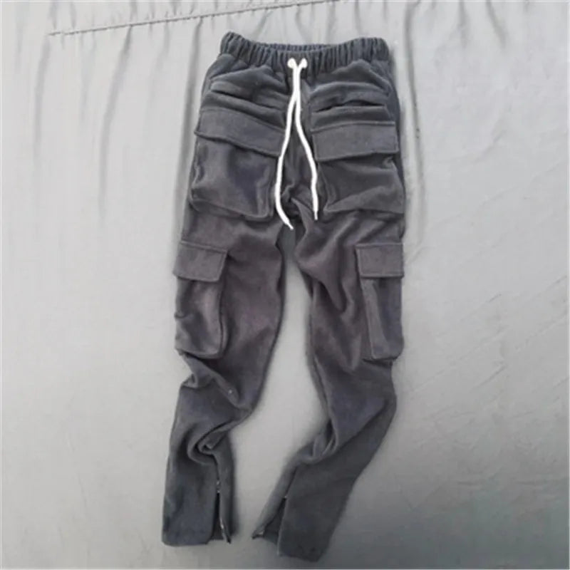 Men Oversized Cargo Pants Streetwear Long Step Pants Solid color wool three-dimensional Pockets Slim Panelled Warm trousers male