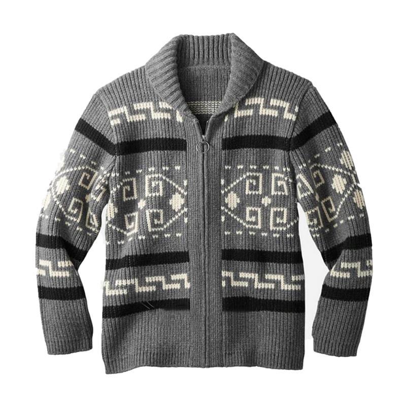 Men's Lapel Cardigan Printed Decor European And American Hand Knitting Wool Soft Stretchy Coat Loose Various Size Male Sweater