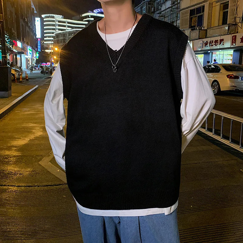 saferido Sweater Vest Men Loose Simple Solid Color Knitted V-neck Students All-match Basic Tops Harajuku Sleeveless Jumpers Korean Trendy