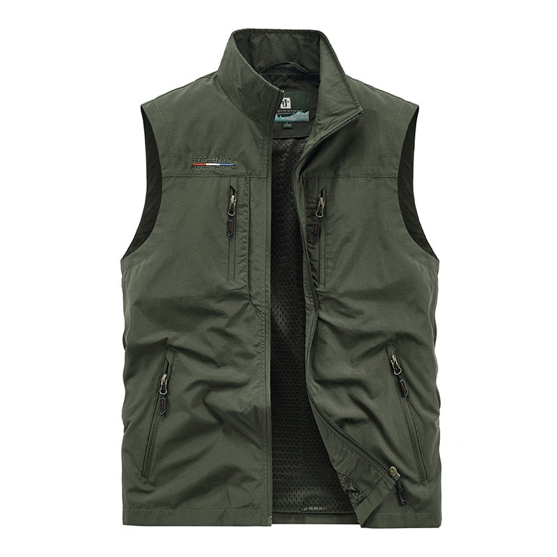 Men's Leisure Vest Solid Color Tooling Style Waistcoat Thin Fishing Hiking Multi-Pocket Casual Loose Vest for Men