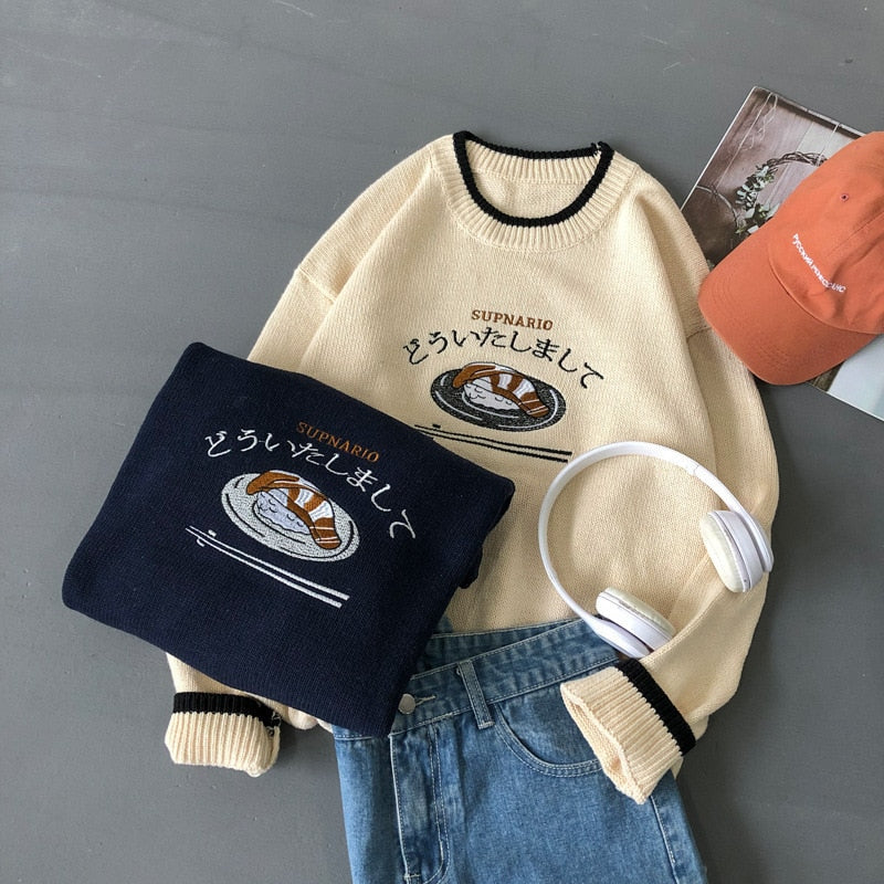 New Spring Men’s Knitted Sweater Japanese Harajuku Vintage Pullovers Hip Hop Fashion Couple Knitted Sweaters Male