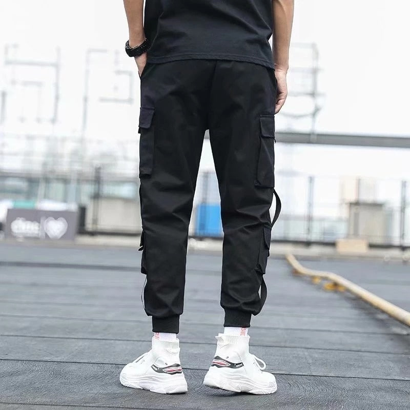 Men's Side Pockets Cargo Harem Pants Ribbons Black Hip Hop Casual Male Joggers Trousers Fashion Casual Streetwear Pants 5XL